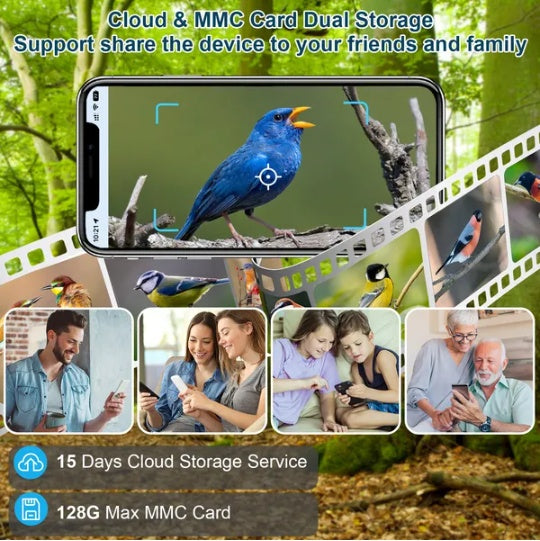 Cloud and microSD storage with clips shared to family members