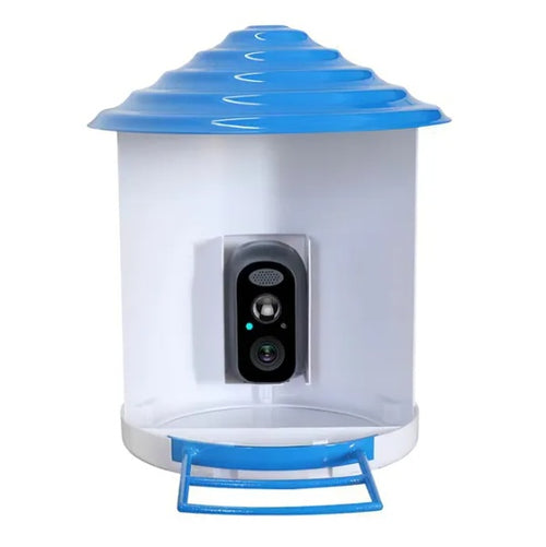 Solar bird feeder camera with blue roof, front view