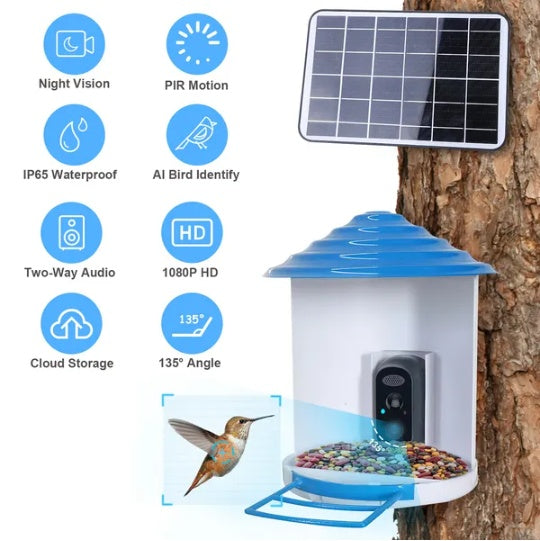 Feeder camera features: night vision, motion alerts, IP65, two-way audio, solar panel