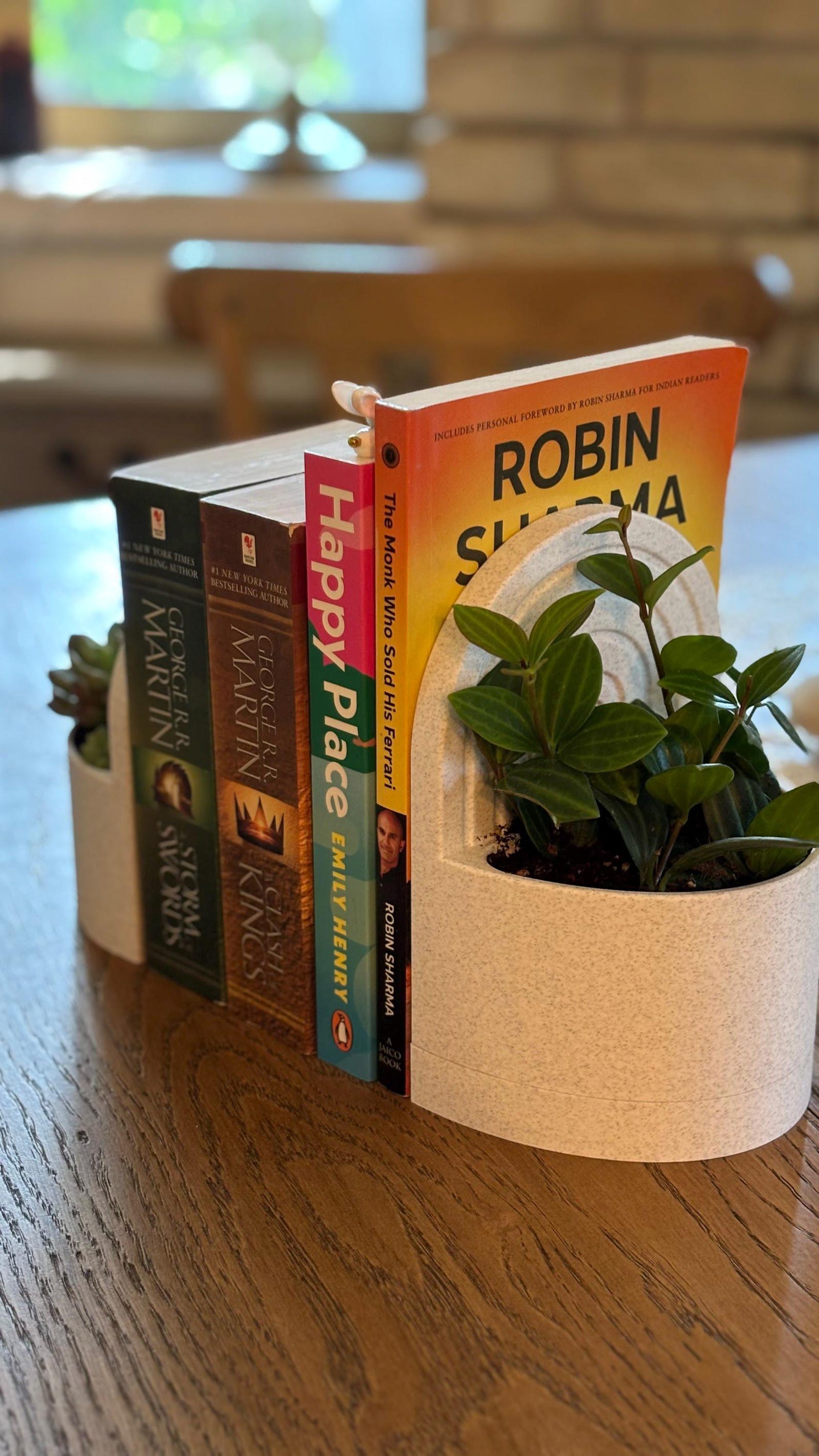 Bookend planter — on bookshelf