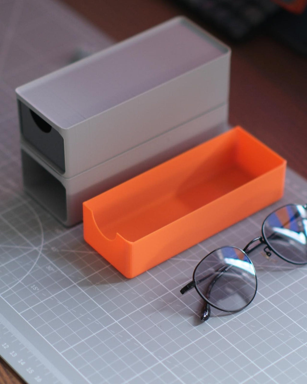 Stackable eyewear drawer — open drawer with sunglasses