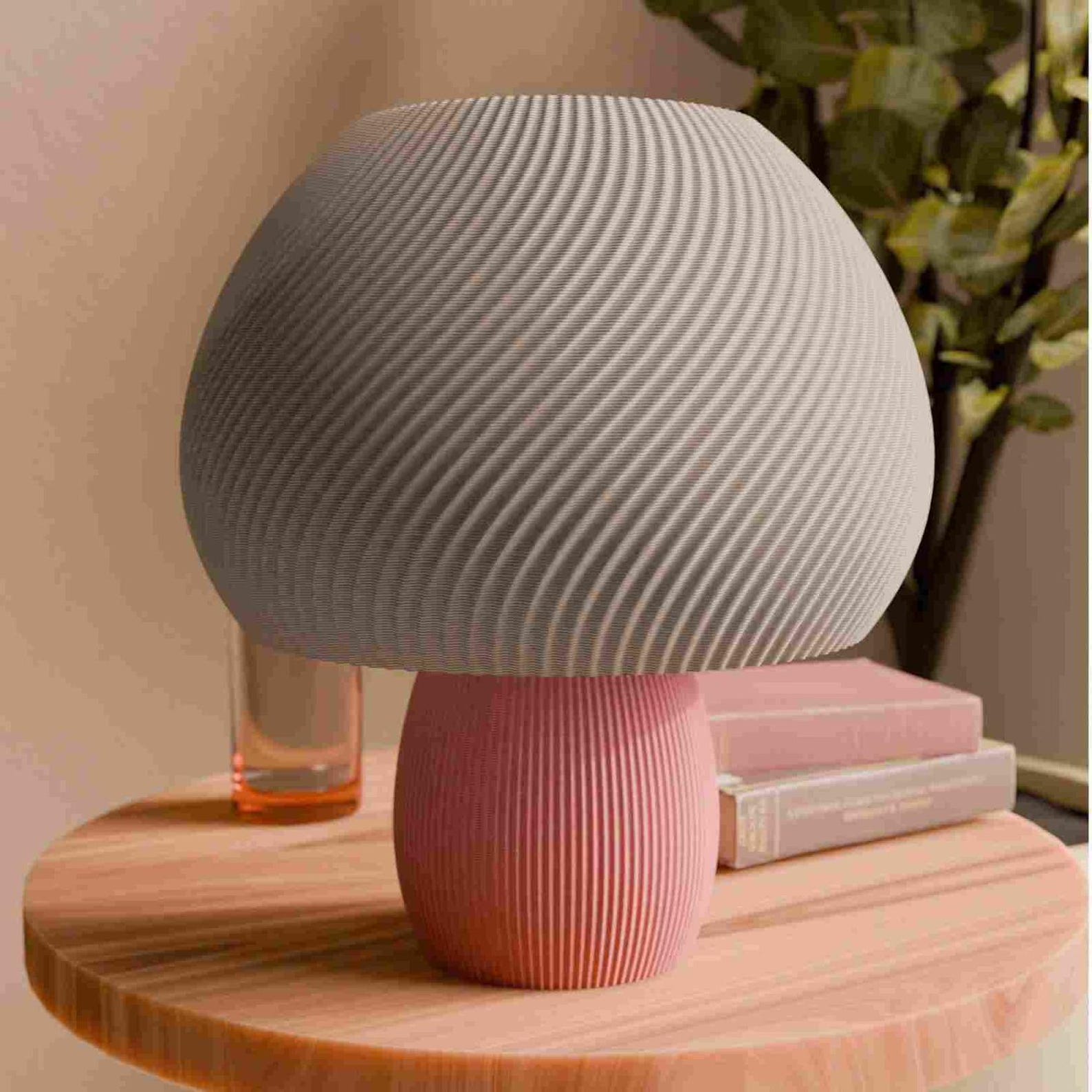 Cottagecore mushroom lamp with rippled shade and pink ribbed base