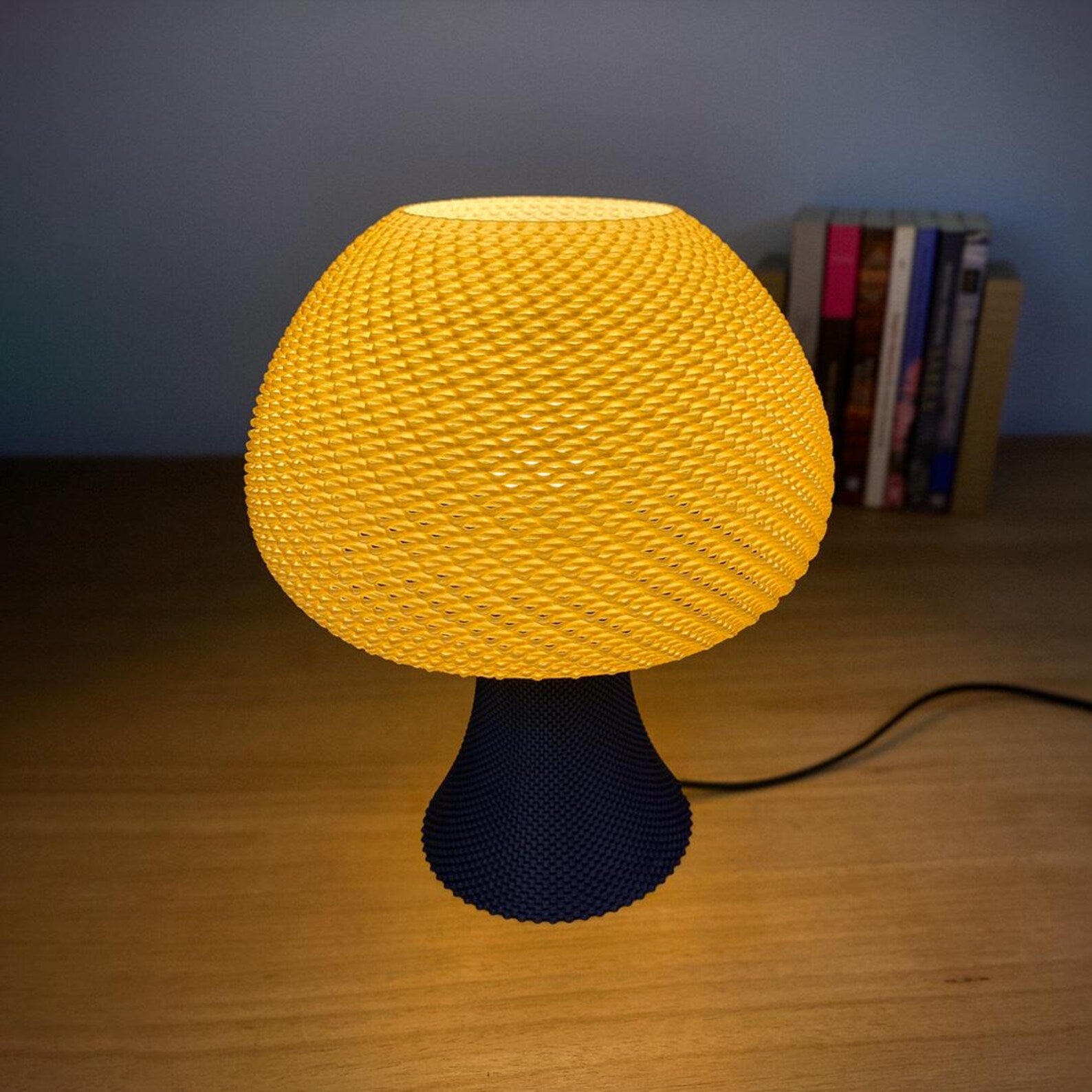 Close view of the rippled shade of the mushroom lamp