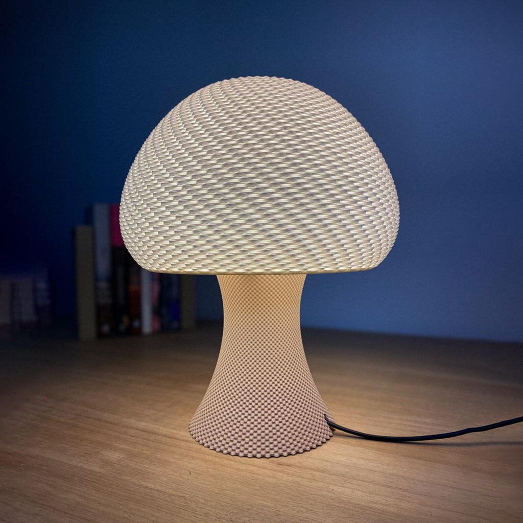 Mushroom lamp styled on a shelf with warm ambient light