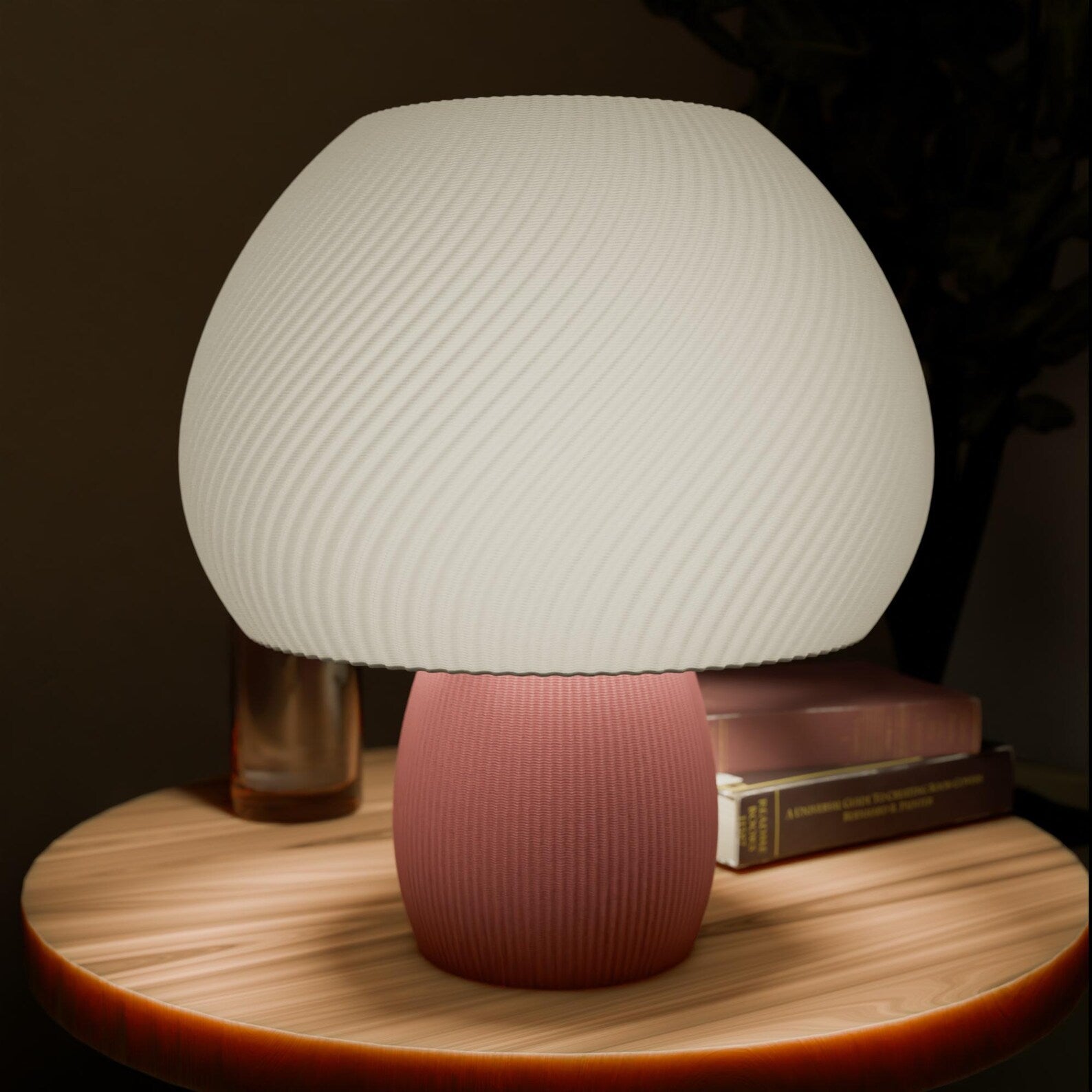 Mushroom night light glowing softly on a nightstand