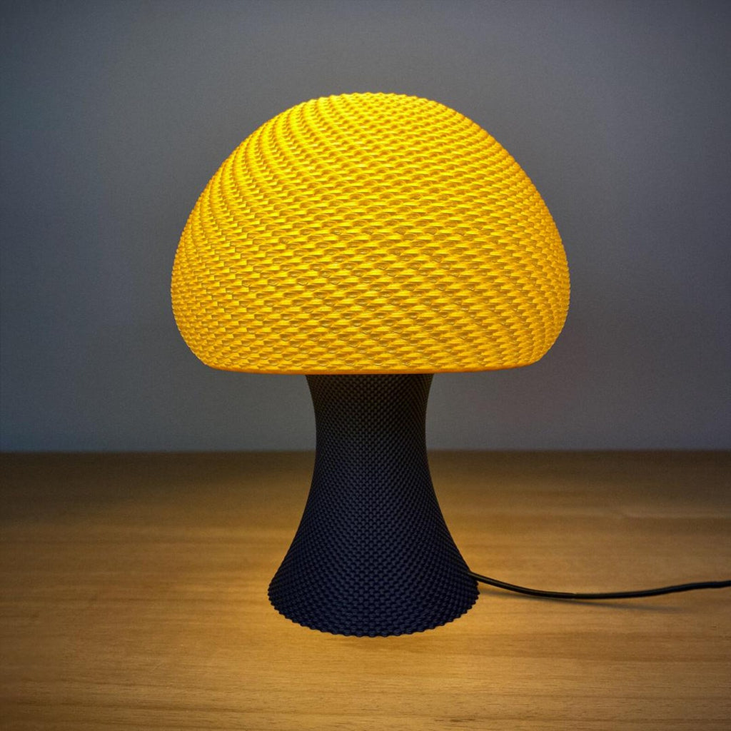 Mushroom accent lamp lit in a cozy living room setting