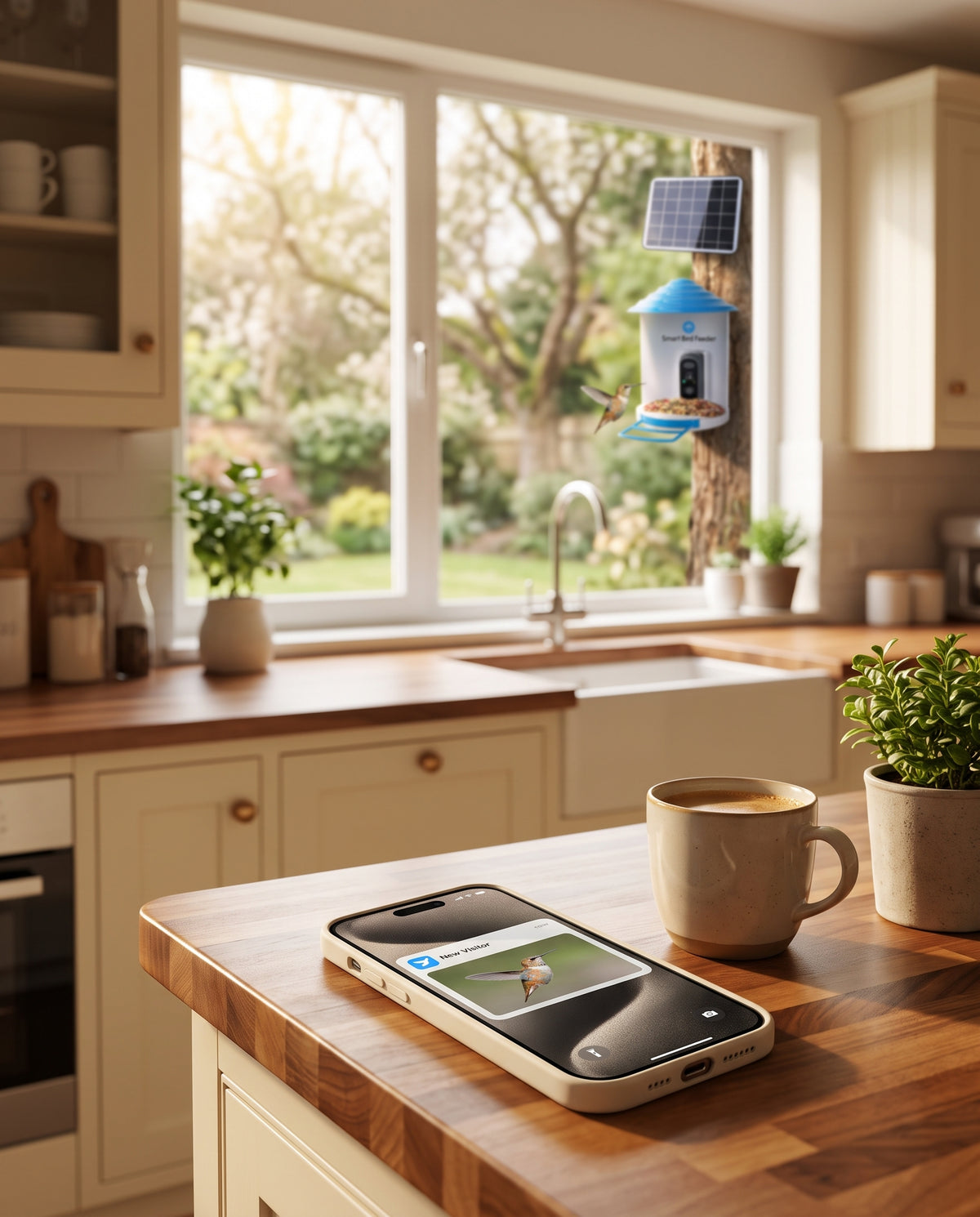 Phone showing a bird alert notification with the feeder visible through the window