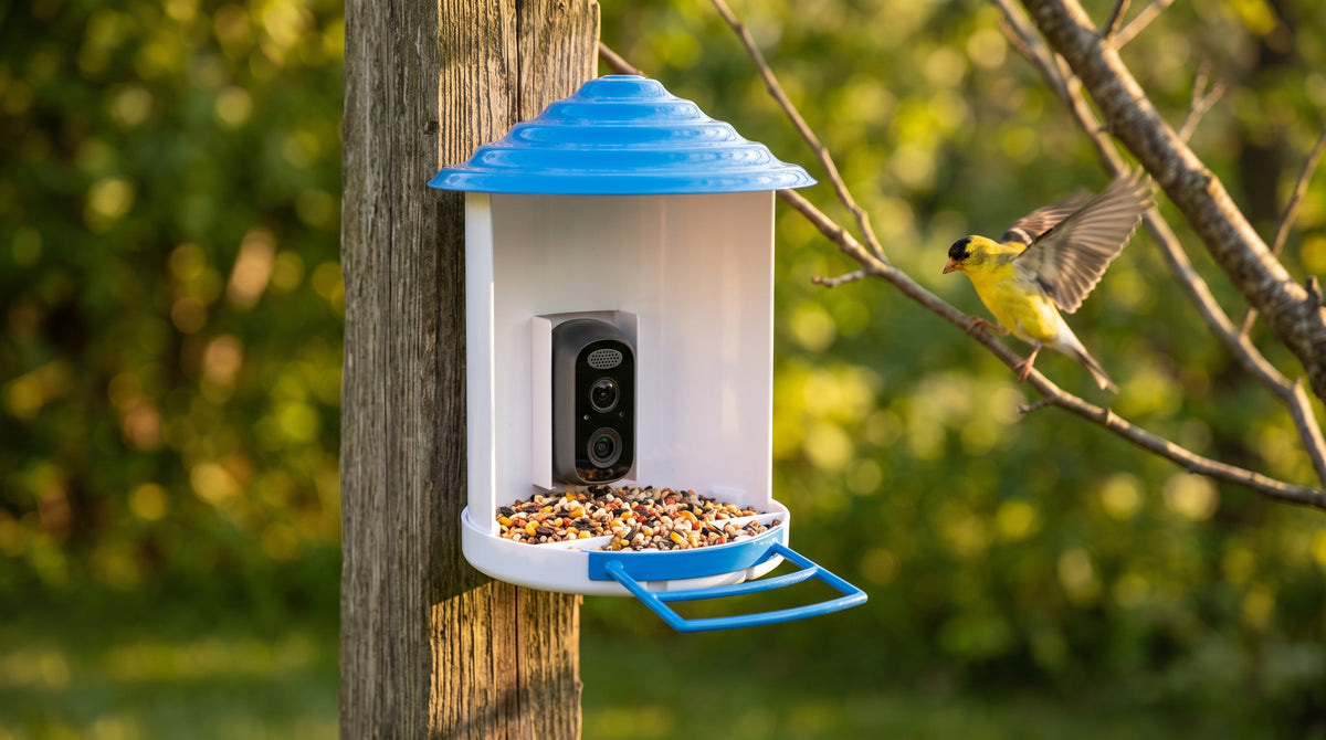 Solar bird feeder camera mounted on a garden post at golden hour